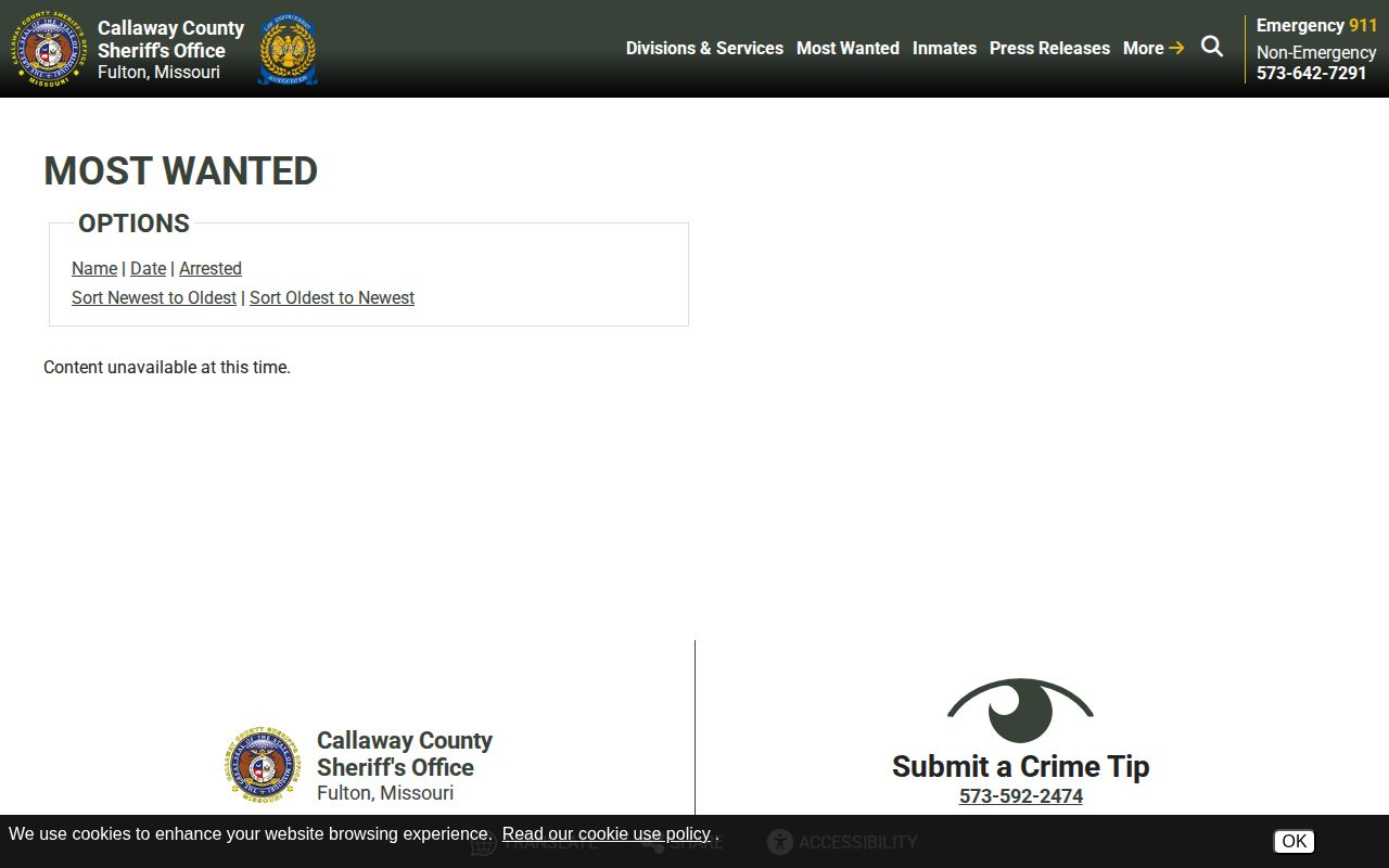 Callaway County arrest warrant and Most Wanted interface