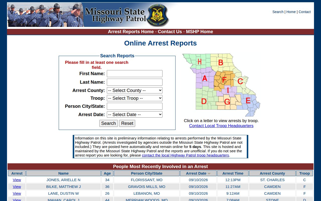 Missouri State Highway Patrol arrest report search for Callaway County