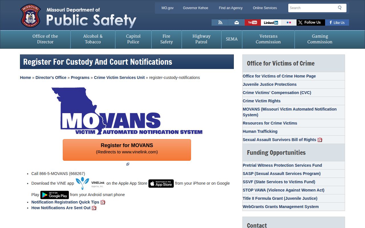 Missouri MOVANS registration for Callaway County custody alerts