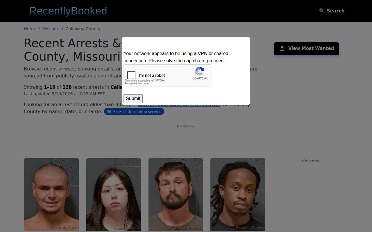 Unofficial RecentlyBooked Callaway County arrest archive interface
