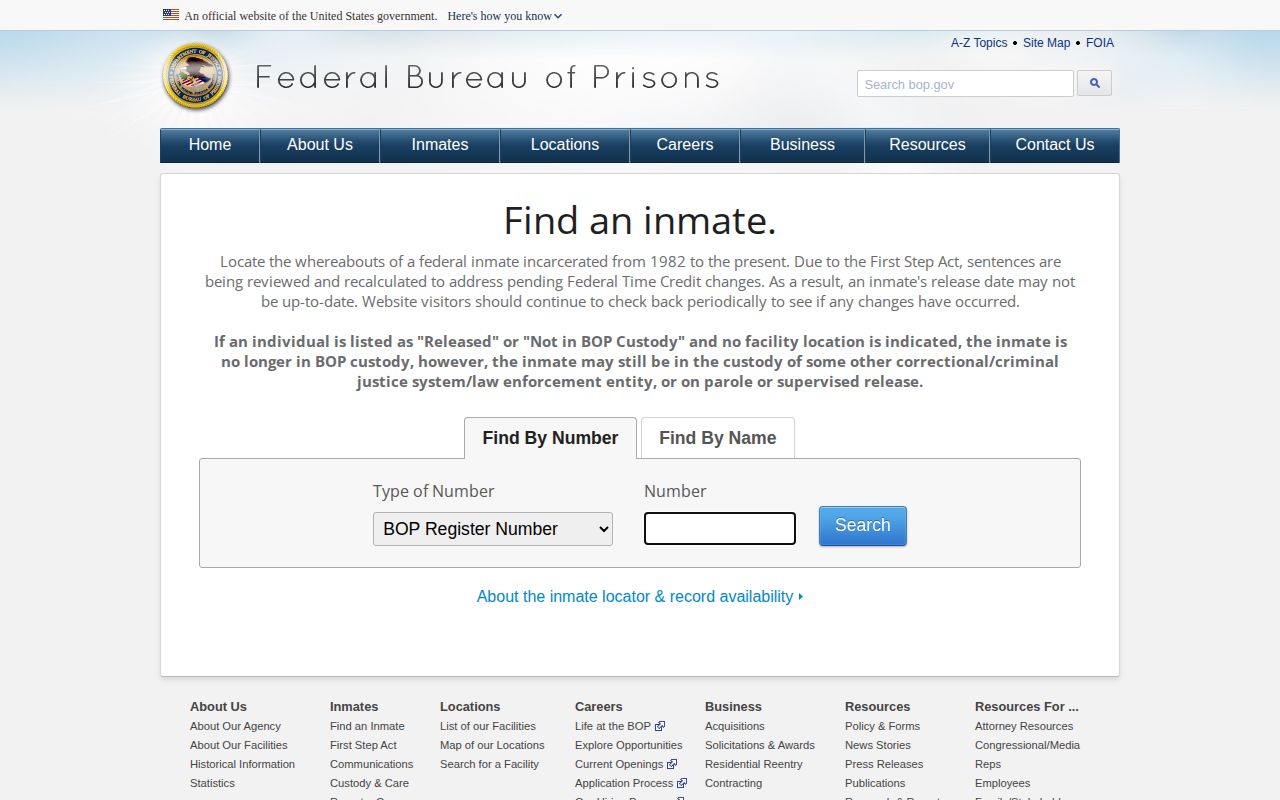 Federal Bureau of Prisons locator outside Callaway County VINELink coverage